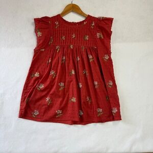 Ulla Johnson Red Floral Swiss Dot Pleated Ruffle Cap Sleeve Cotton Top Size 4/S